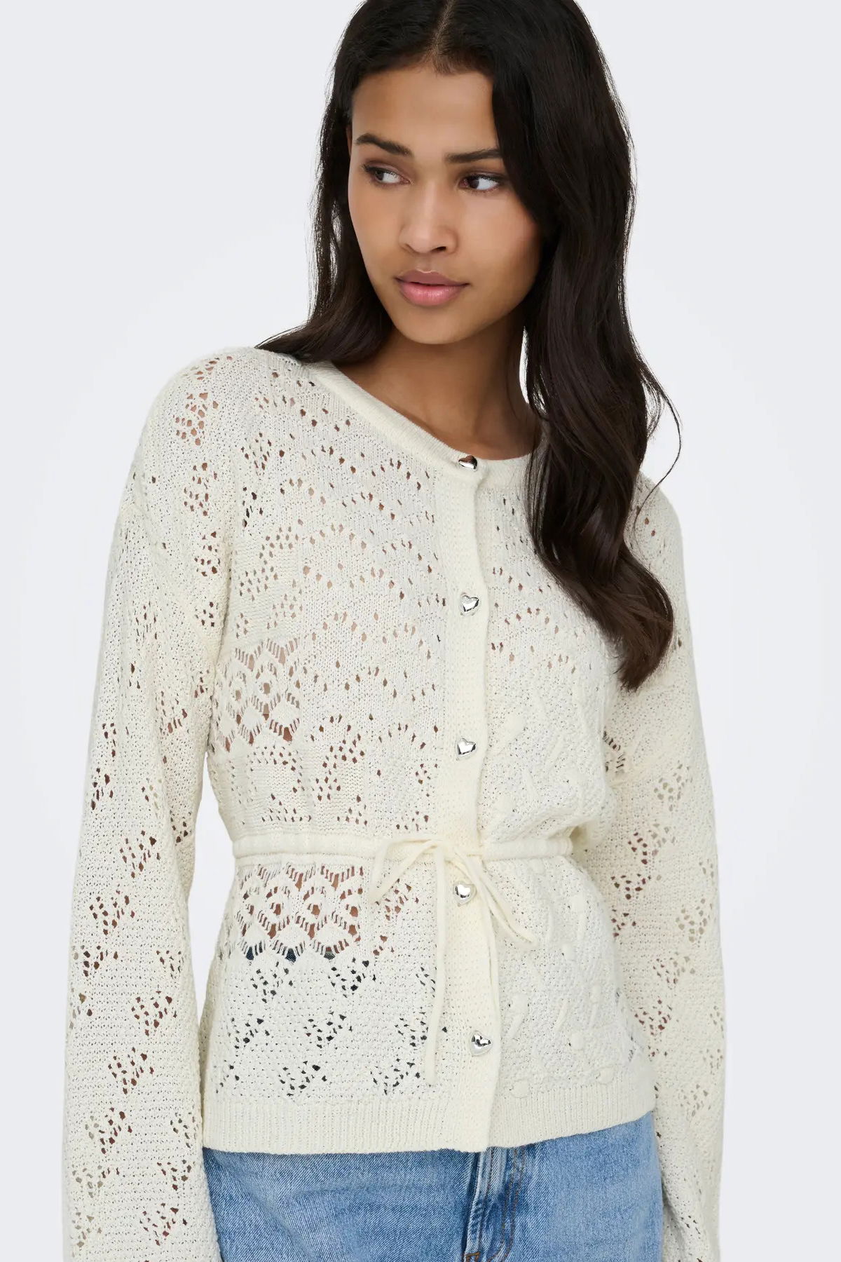 Only Kadın Onlelke Belden Bağlamalı Uzun Kollu Pamuklu Hırka 15363046 Ekru - 2