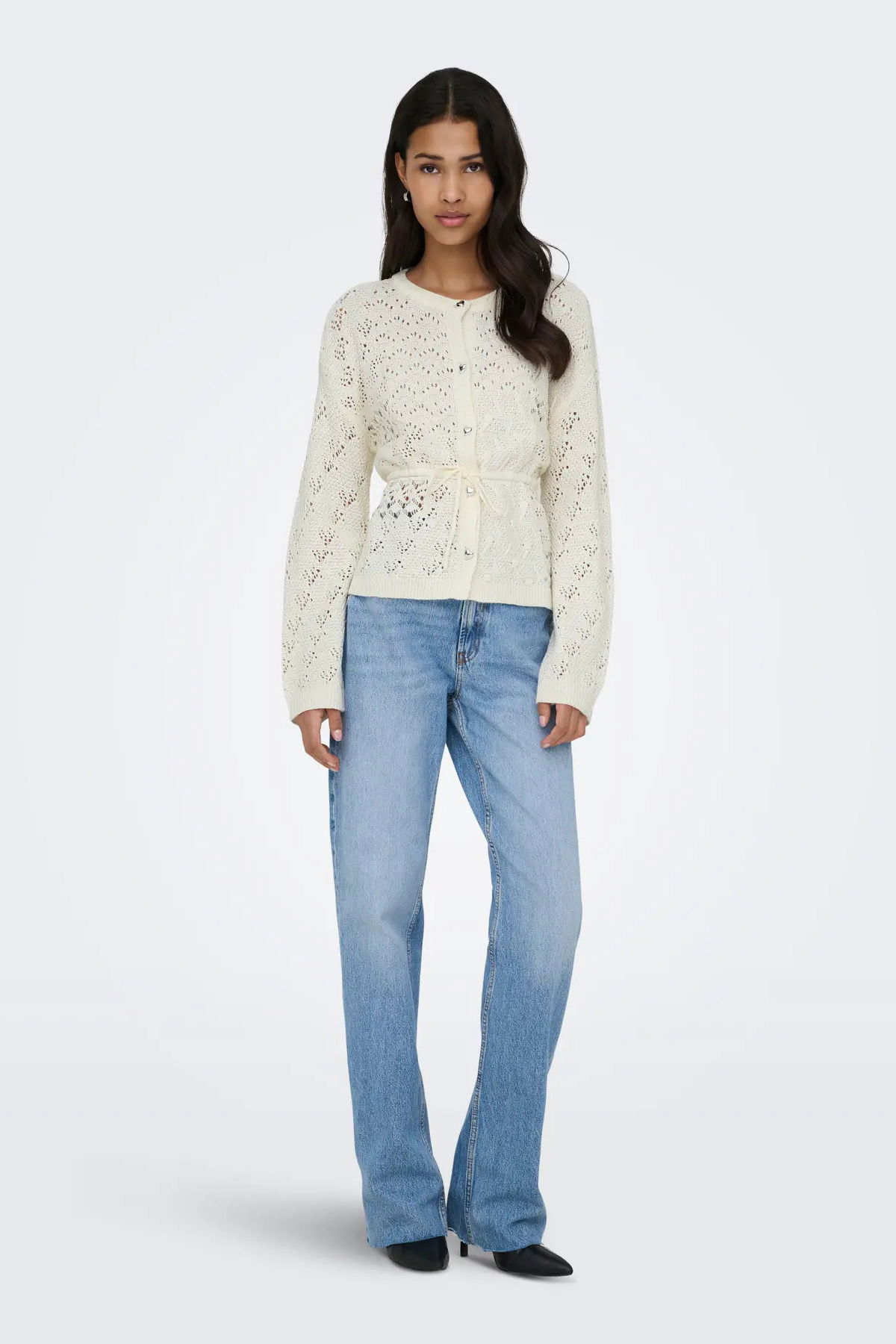 Only Kadın Onlelke Belden Bağlamalı Uzun Kollu Pamuklu Hırka 15363046 Ekru - 3