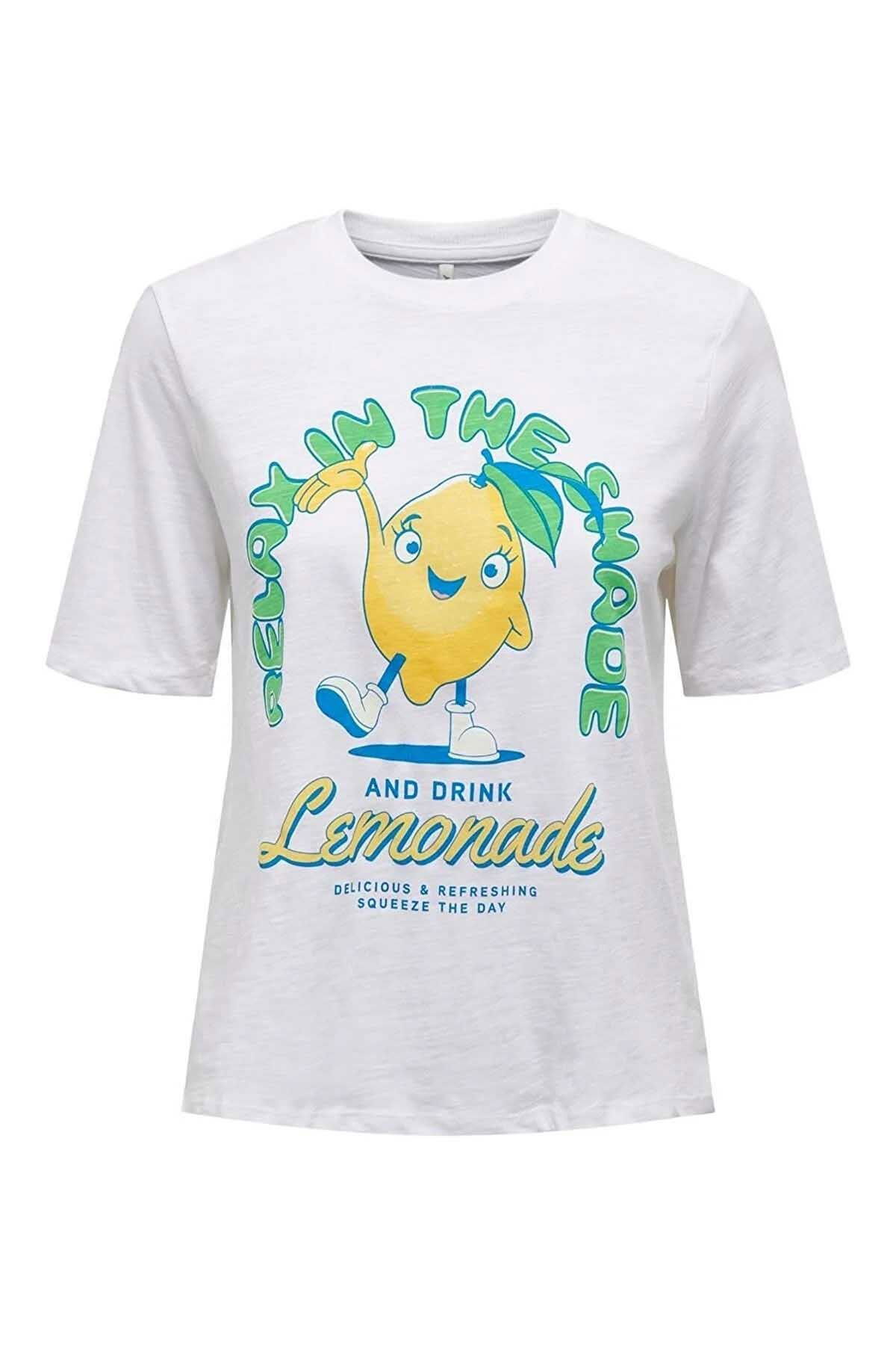 Only Kadın Onlfammy Bisiklet Yaka Meyve Baskılı T-Shirt 15296955 Beyaz - 1