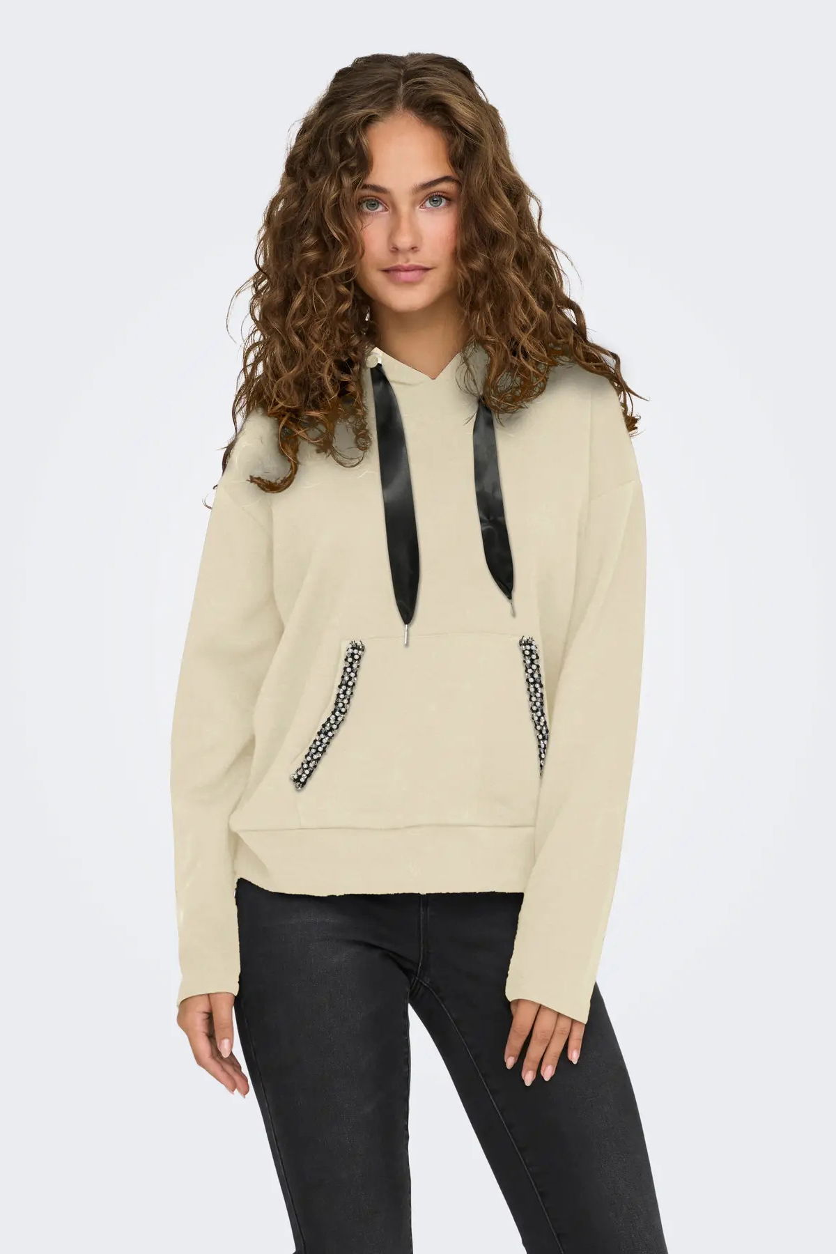 Only Kadın Onlfancy Kapüşonlu Kanguru Cepli Sweatshirt 15303838 Ekru - 1