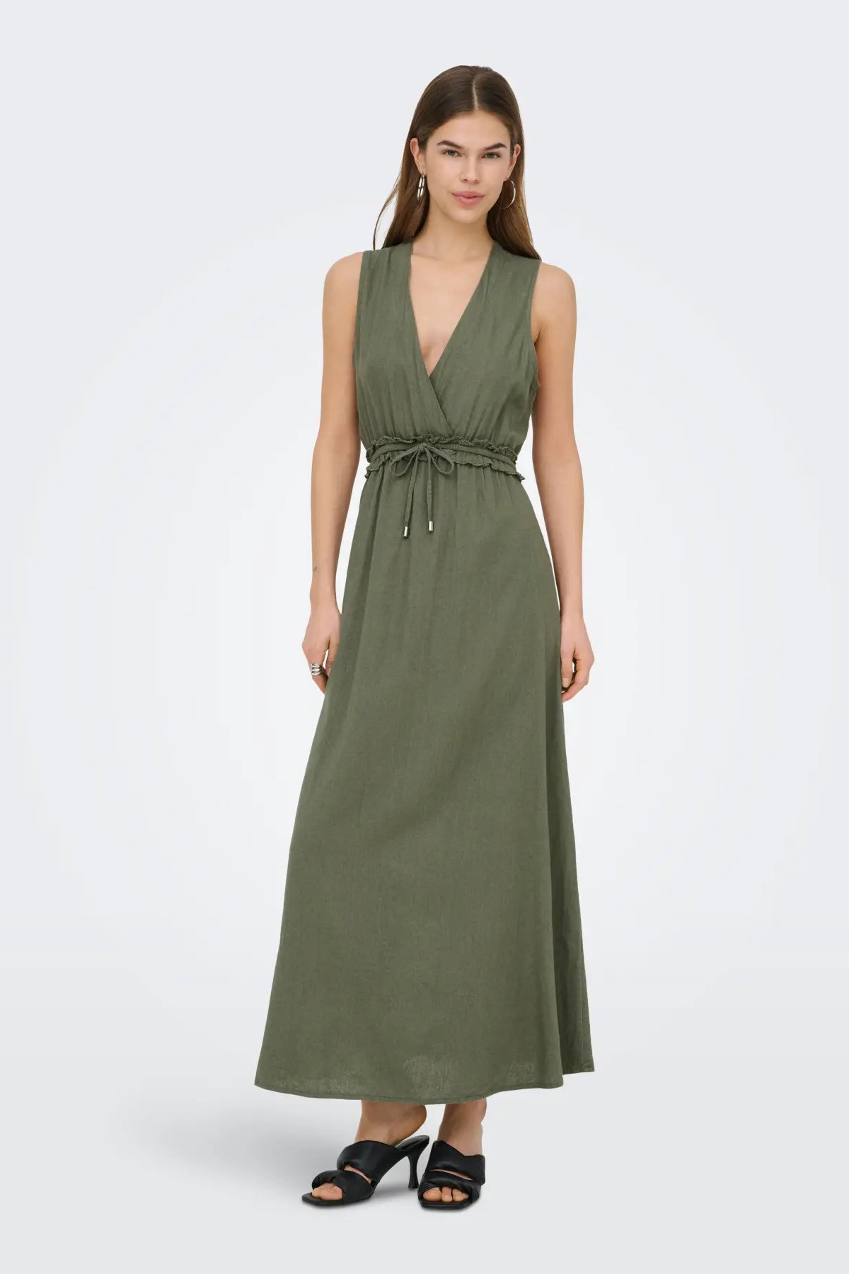 Only Kadın Onlgoa Kruvaze Yaka Beli Lastikli Keten Maxi Elbise 15363694 Haki - 1