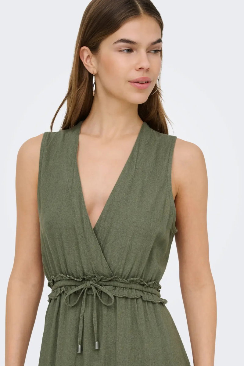 Only Kadın Onlgoa Kruvaze Yaka Beli Lastikli Keten Maxi Elbise 15363694 Haki - 3