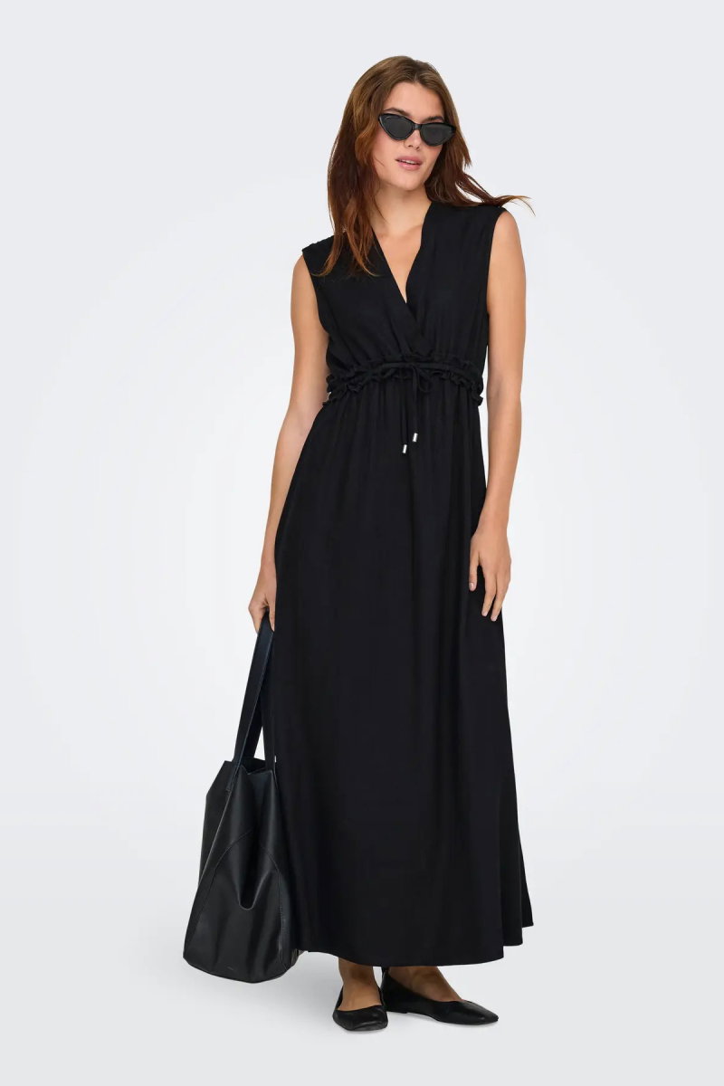 Only Kadın Onlgoa Kruvaze Yaka Beli Lastikli Keten Maxi Elbise 15363694 Siyah - Only