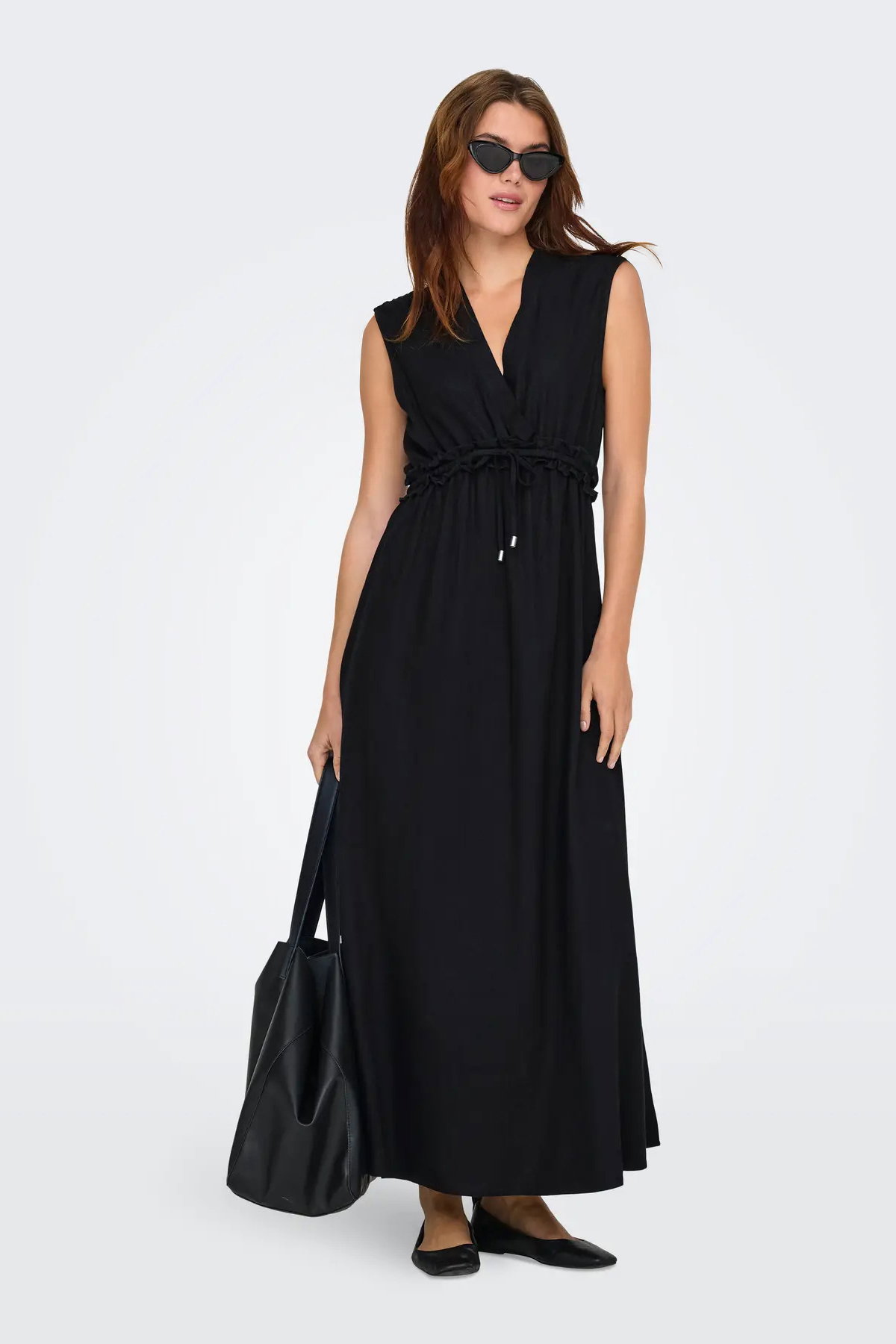 Only Kadın Onlgoa Kruvaze Yaka Beli Lastikli Keten Maxi Elbise 15363694 Siyah - 1