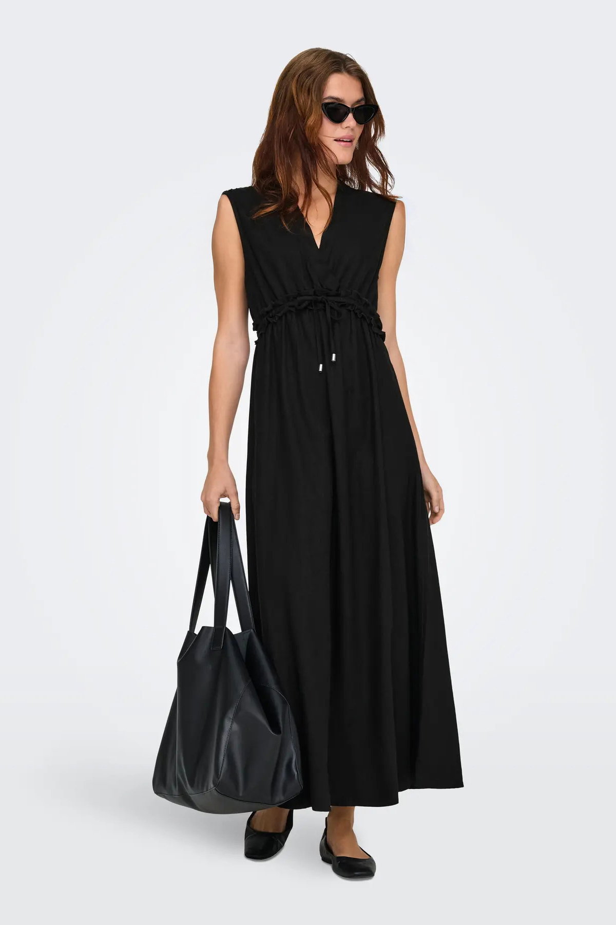 Only Kadın Onlgoa Kruvaze Yaka Beli Lastikli Keten Maxi Elbise 15363694 Siyah - 2