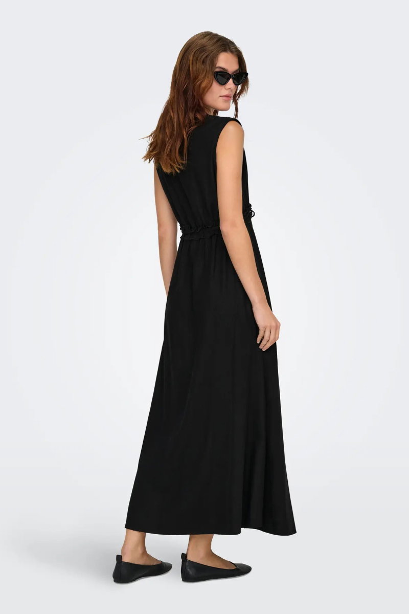 Only Kadın Onlgoa Kruvaze Yaka Beli Lastikli Keten Maxi Elbise 15363694 Siyah - 5