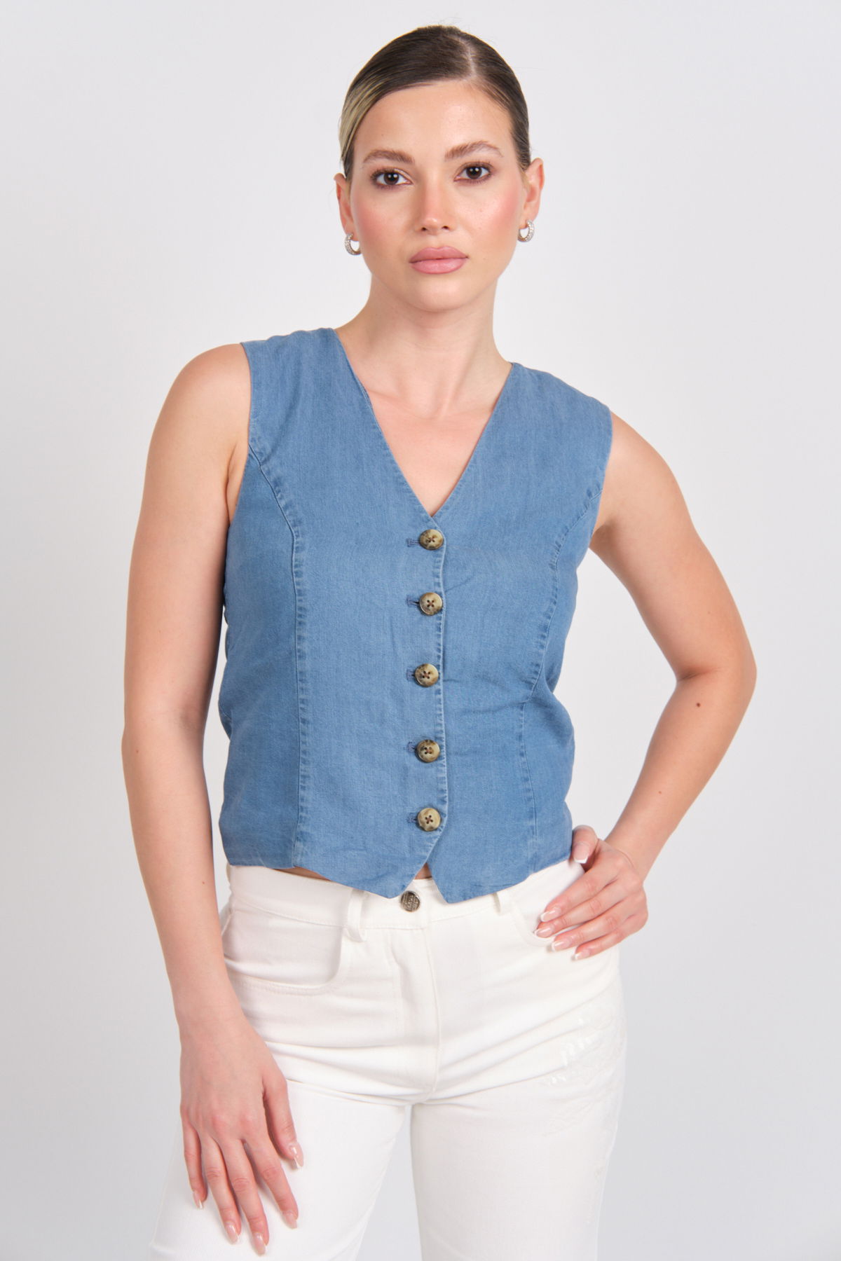 Only Kadın Onlırıs Kolsuz Düğmeli Jean Yelek 15337941 Indigo - 2