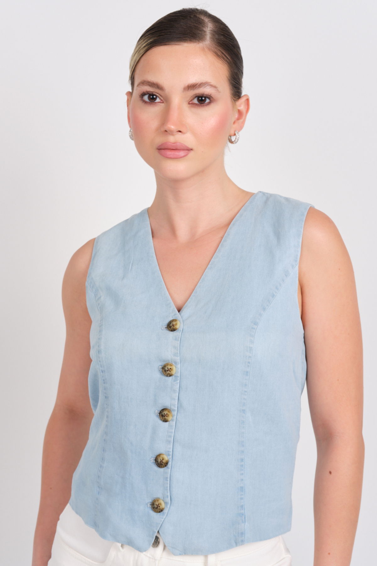 Only Kadın Onlırıs Kolsuz Düğmeli Jean Yelek 15337941 Mavi - 2