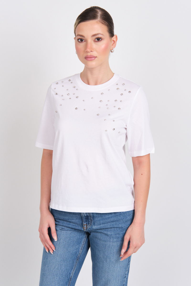 Only Kadın Onljulıa Bisiklet Yaka Taş Detaylı %100 Pamuk T-Shirt 15324847 Beyaz - Only