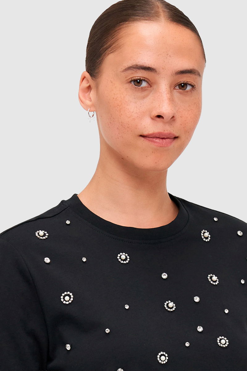 Only Kadın Onljulıa Bisiklet Yaka Taş Detaylı %100 Pamuk T-Shirt 15324847 Black - 2