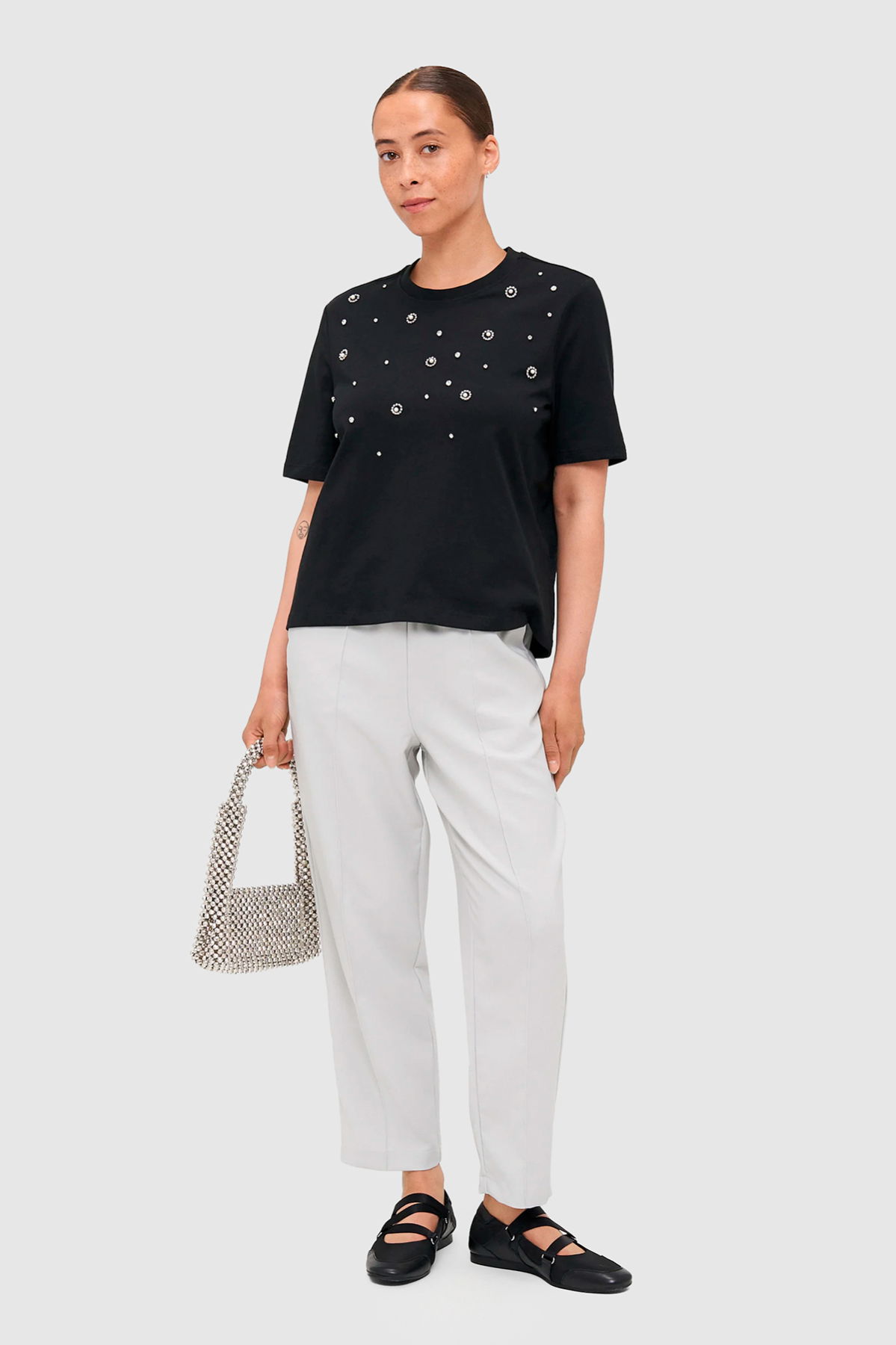 Only Kadın Onljulıa Bisiklet Yaka Taş Detaylı %100 Pamuk T-Shirt 15324847 Black - 3