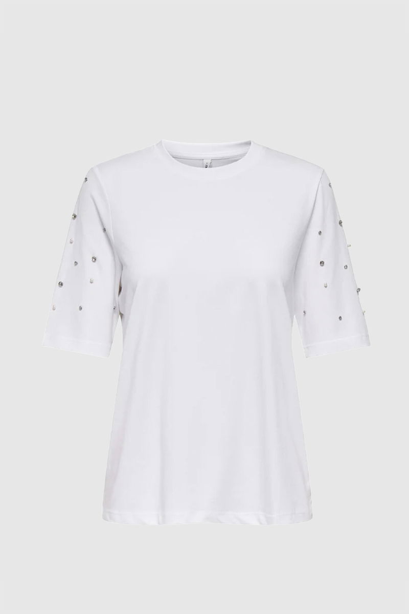 Only Kadın Onljulıa Bisiklet Yaka Taş Detaylı %100 Pamuk T-Shirt 15324847 Whıte - 2