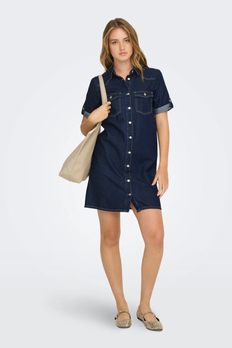 Only Kadın Onllısa Kısa Kollu Çift Cepli Kısa Kot Elbise 15353176 Koyu Mavi - Only