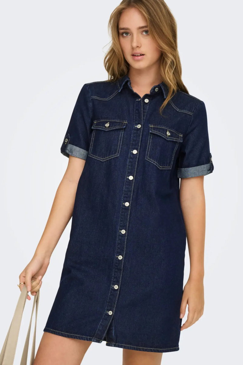 Only Kadın Onllısa Kısa Kollu Çift Cepli Kısa Kot Elbise 15353176 Koyu Mavi - 2