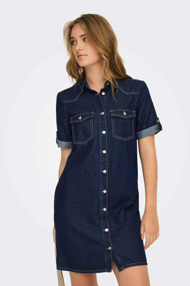 Only Kadın Onllısa Kısa Kollu Çift Cepli Kısa Kot Elbise 15353176 Koyu Mavi - 3