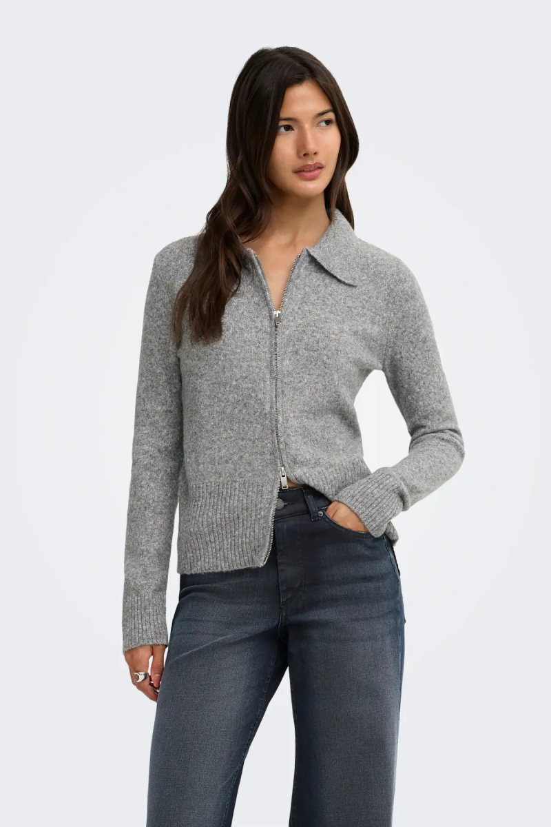 Only Kadın Onlmacey Polo Yaka Fermuarlı Yün Hırka 15382508 Gri - Only