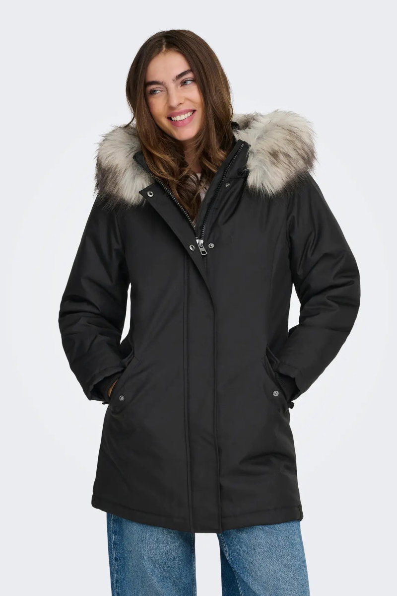 Only Kadın Onlnewkaty Kürk Yaka Kapüşonlu Mont 15300633 Black - 3