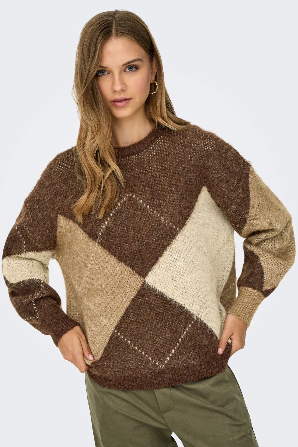 Only Kadın Onlnoeme Desenli Bisiklet Yaka Yünlü Kazak 15353226 Kahverengi - 1