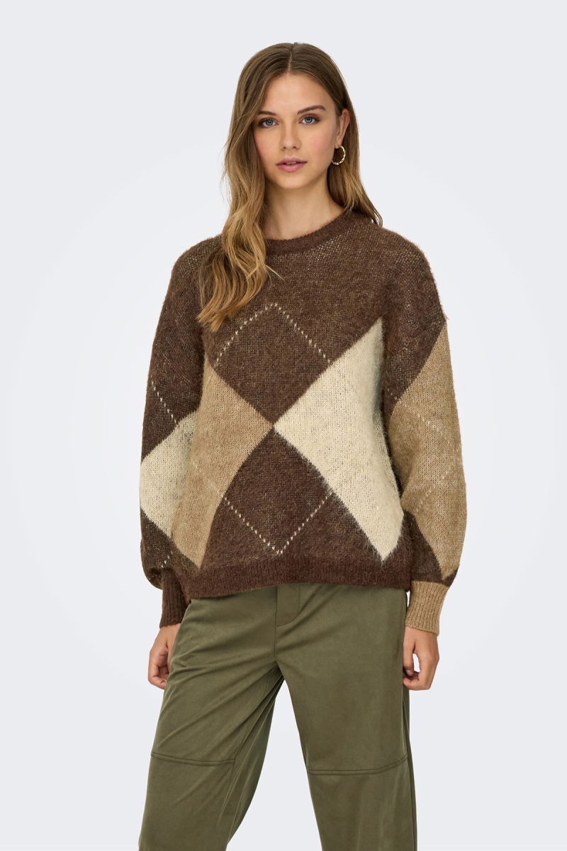 Only Kadın Onlnoeme Desenli Bisiklet Yaka Yünlü Kazak 15353226 Kahverengi - 3