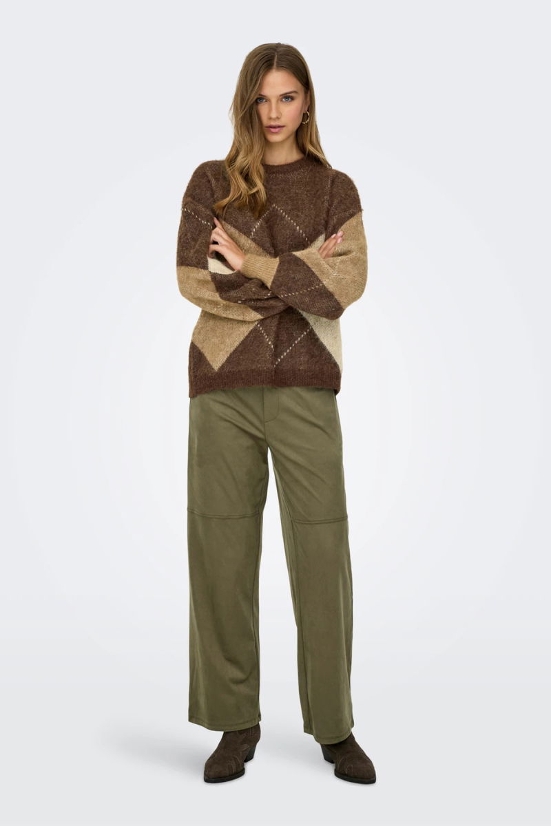 Only Kadın Onlnoeme Desenli Bisiklet Yaka Yünlü Kazak 15353226 Kahverengi - 4