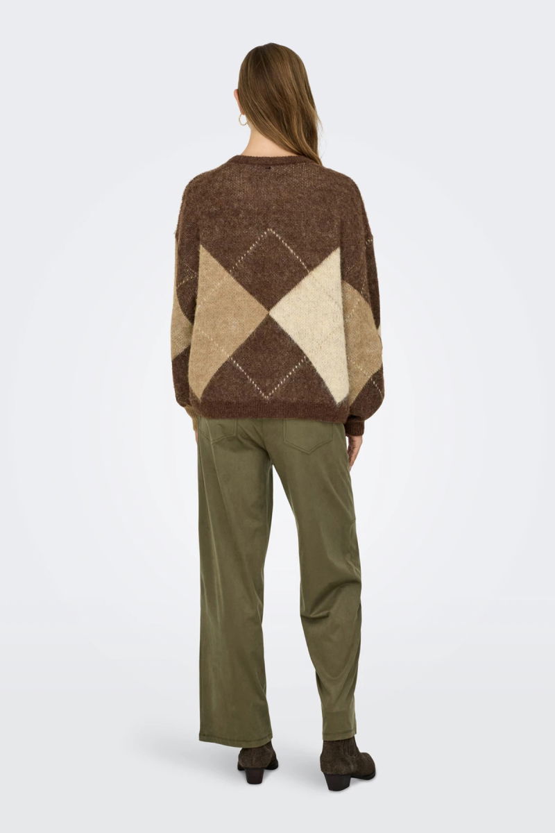 Only Kadın Onlnoeme Desenli Bisiklet Yaka Yünlü Kazak 15353226 Kahverengi - 5