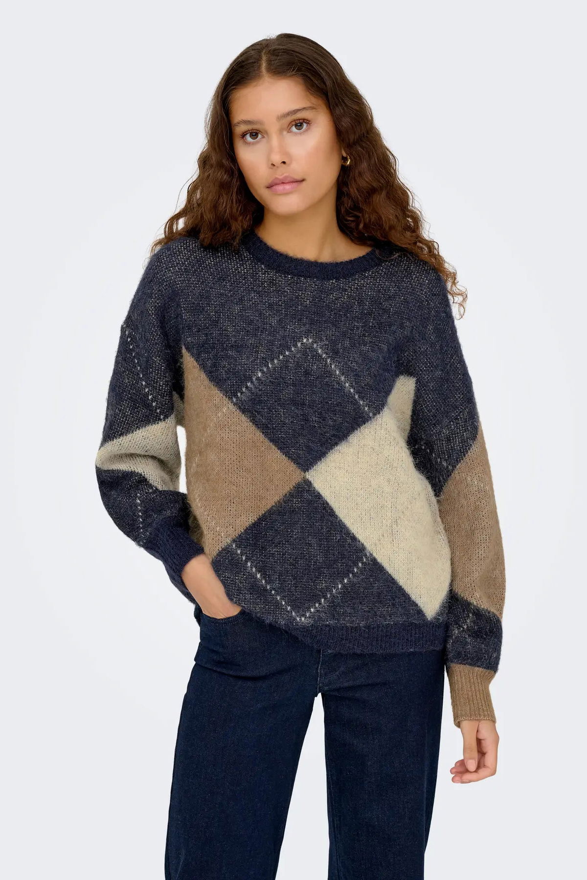 Only Kadın Onlnoeme Desenli Bisiklet Yaka Yünlü Kazak 15353226 Krem - 1