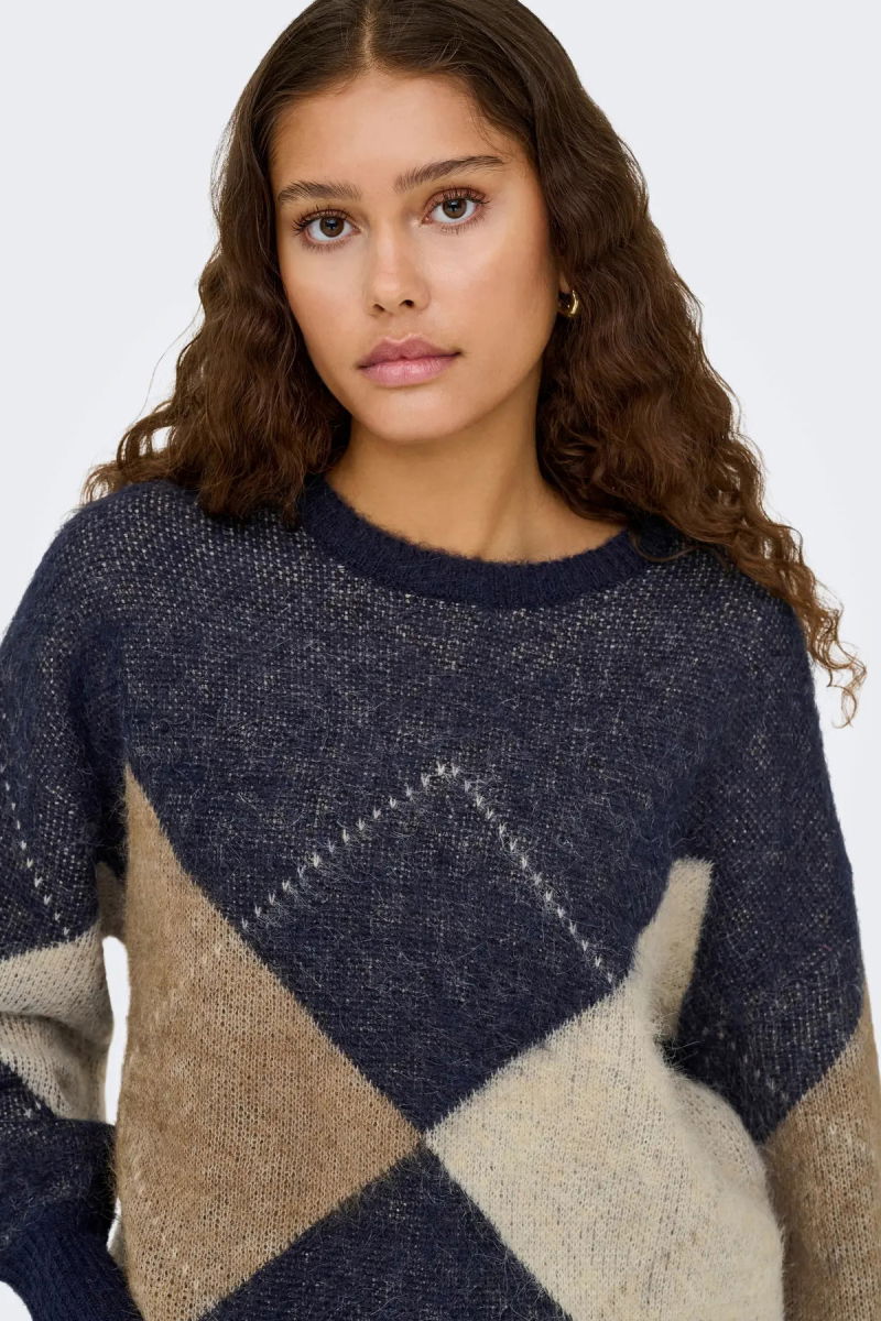 Only Kadın Onlnoeme Desenli Bisiklet Yaka Yünlü Kazak 15353226 Krem - 2