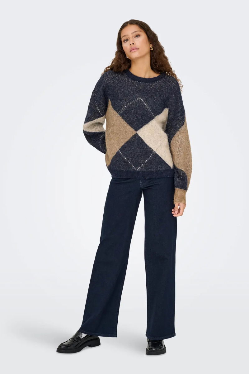 Only Kadın Onlnoeme Desenli Bisiklet Yaka Yünlü Kazak 15353226 Krem - 3