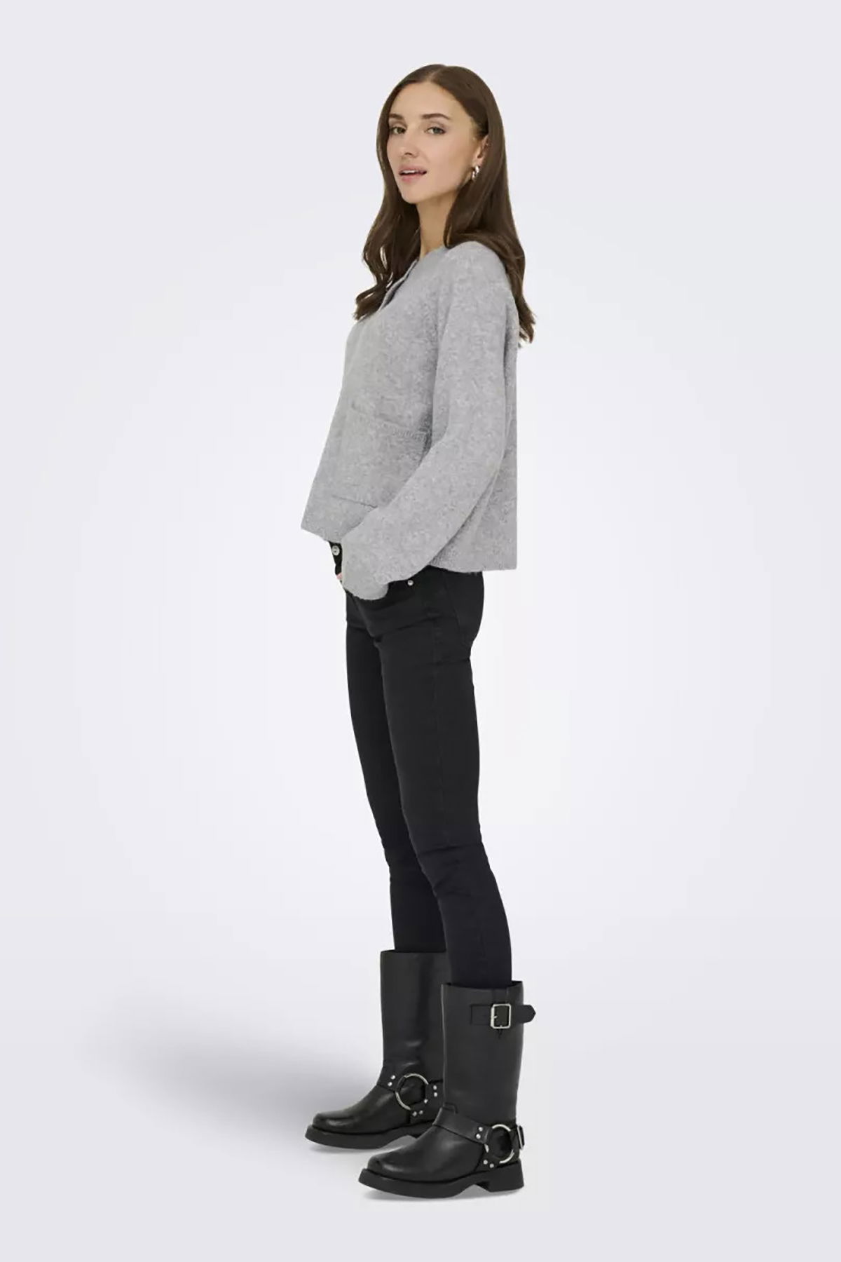 Only Kadın Onlpıemonte Sıfır Yaka Torba Cepli Yünlü Hırka 15344118 Açık Gri - 2