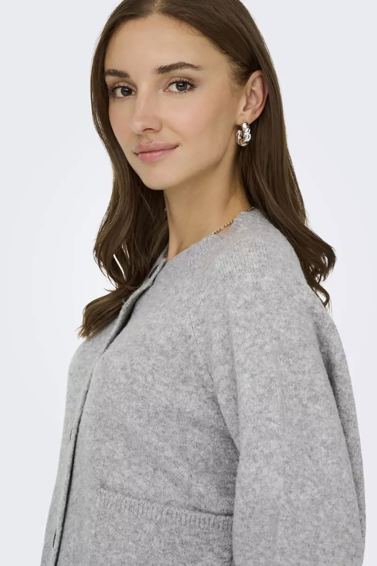 Only Kadın Onlpıemonte Sıfır Yaka Torba Cepli Yünlü Hırka 15344118 Açık Gri - 4