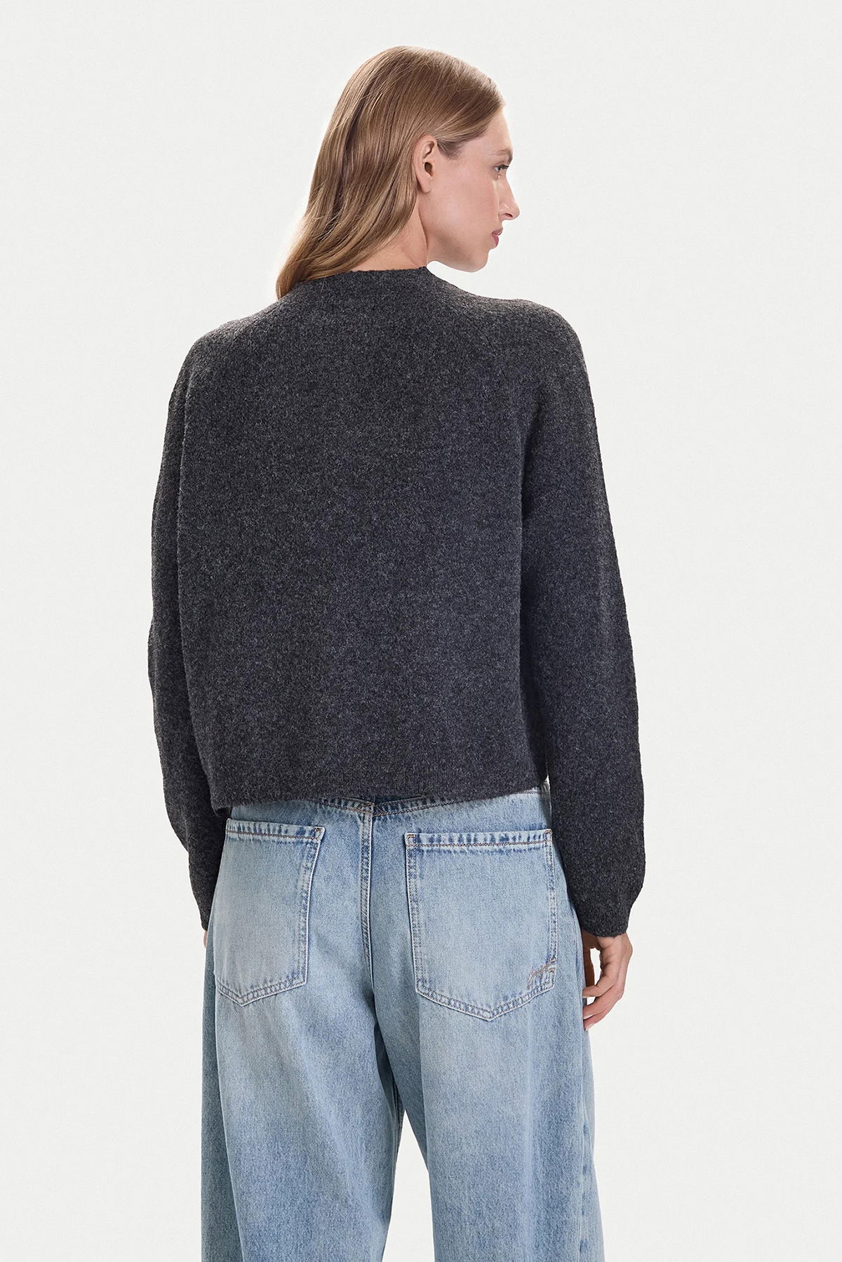 Only Kadın Onlpıemonte Sıfır Yaka Torba Cepli Yünlü Hırka 15344118 Koyu Gri - 5