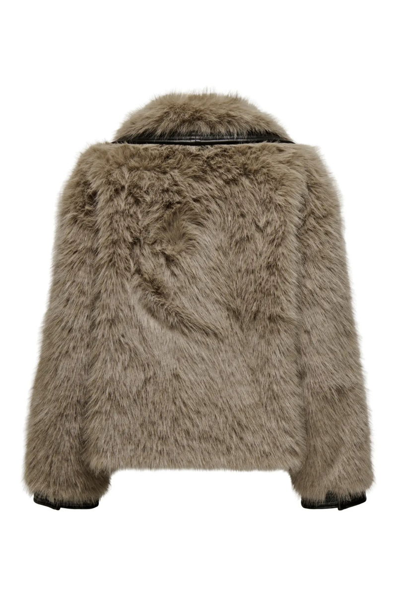 Only Kadın Onlpısa Deri Detaylı Suni Kürk Mont 15330273 Vizon - 3