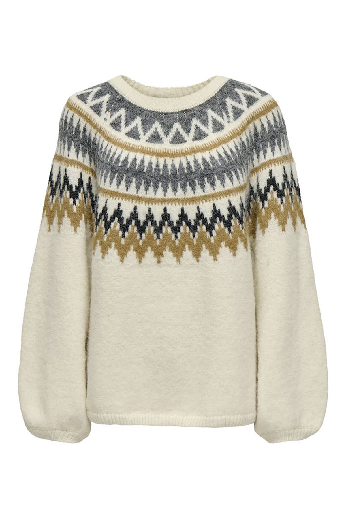 Only Kadın Onlreykja Desenli Sıfır Yaka Yünlü Kazak 15353221 Ekru - 1