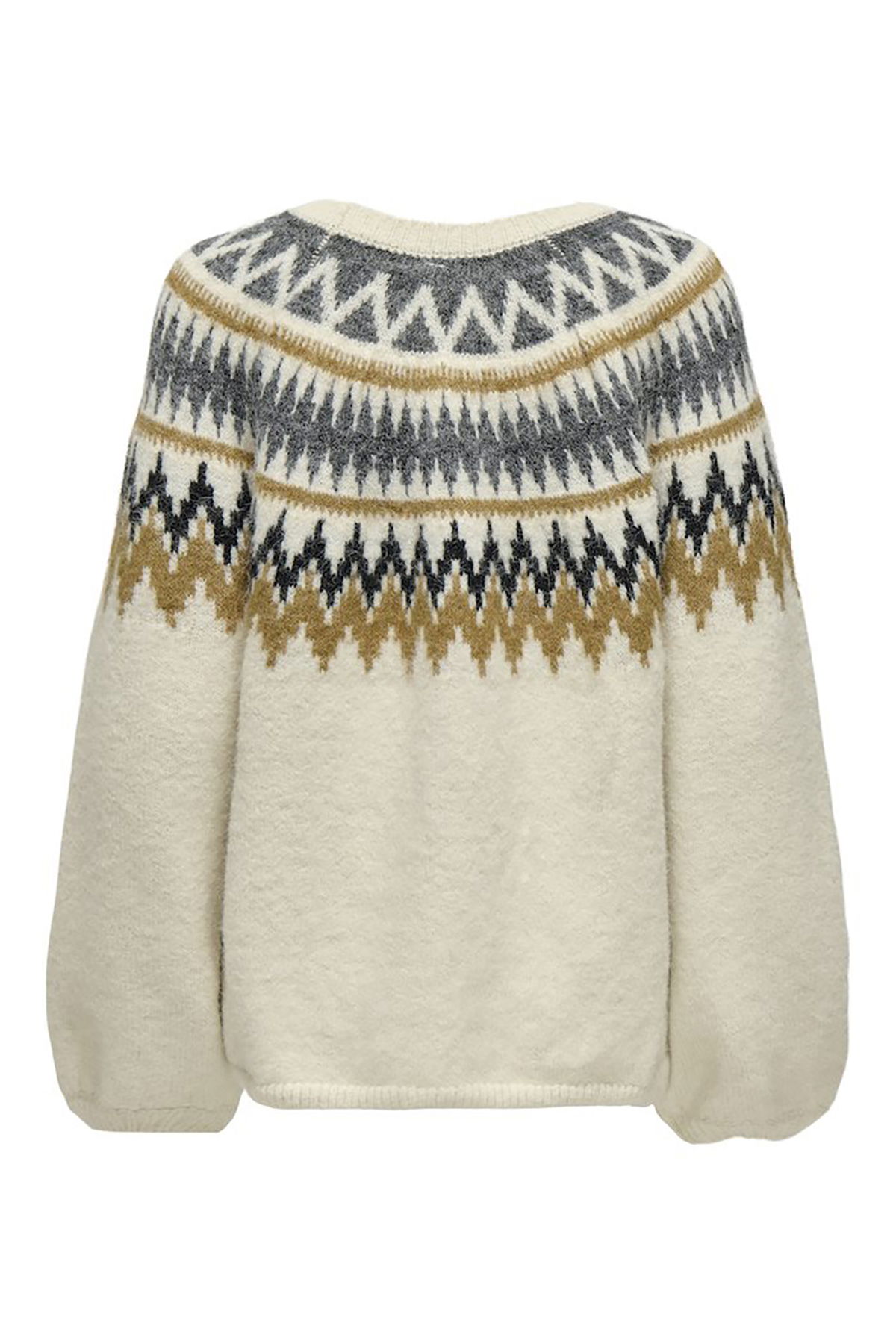 Only Kadın Onlreykja Desenli Sıfır Yaka Yünlü Kazak 15353221 Ekru - 2