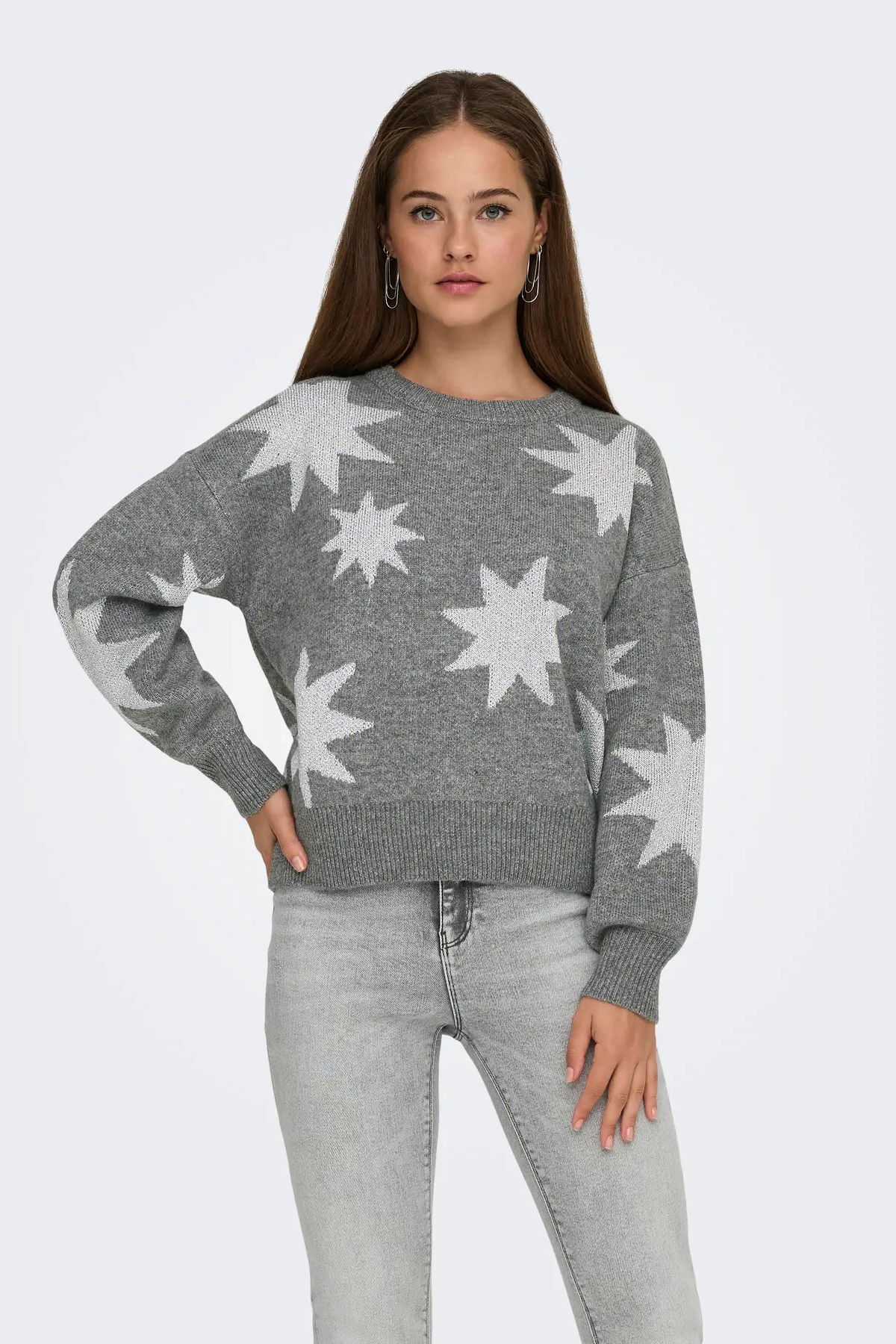Only Kadın Onlrosıe Yıldız Desenli Bisiklet Yaka Örme Kazak 15328250 Gri - 1
