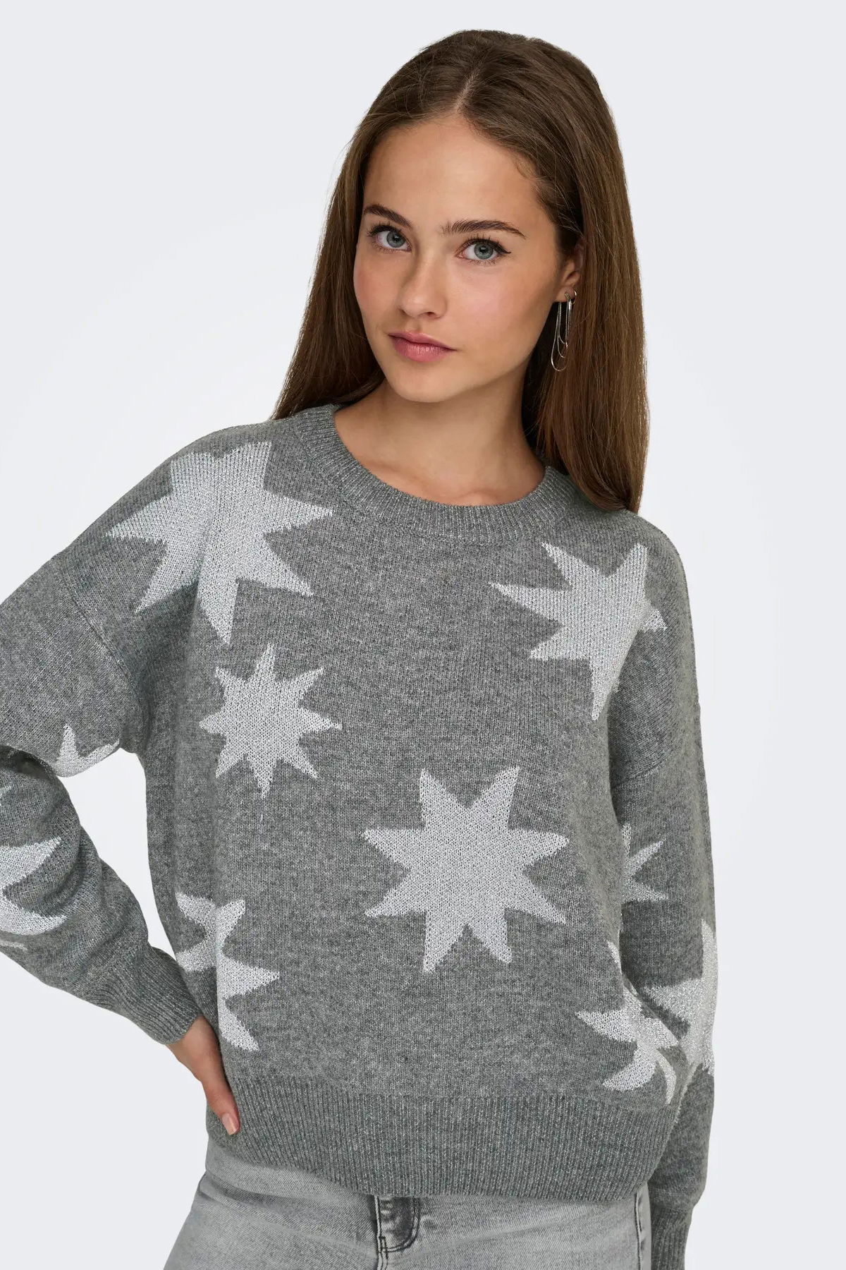 Only Kadın Onlrosıe Yıldız Desenli Bisiklet Yaka Örme Kazak 15328250 Gri - 2