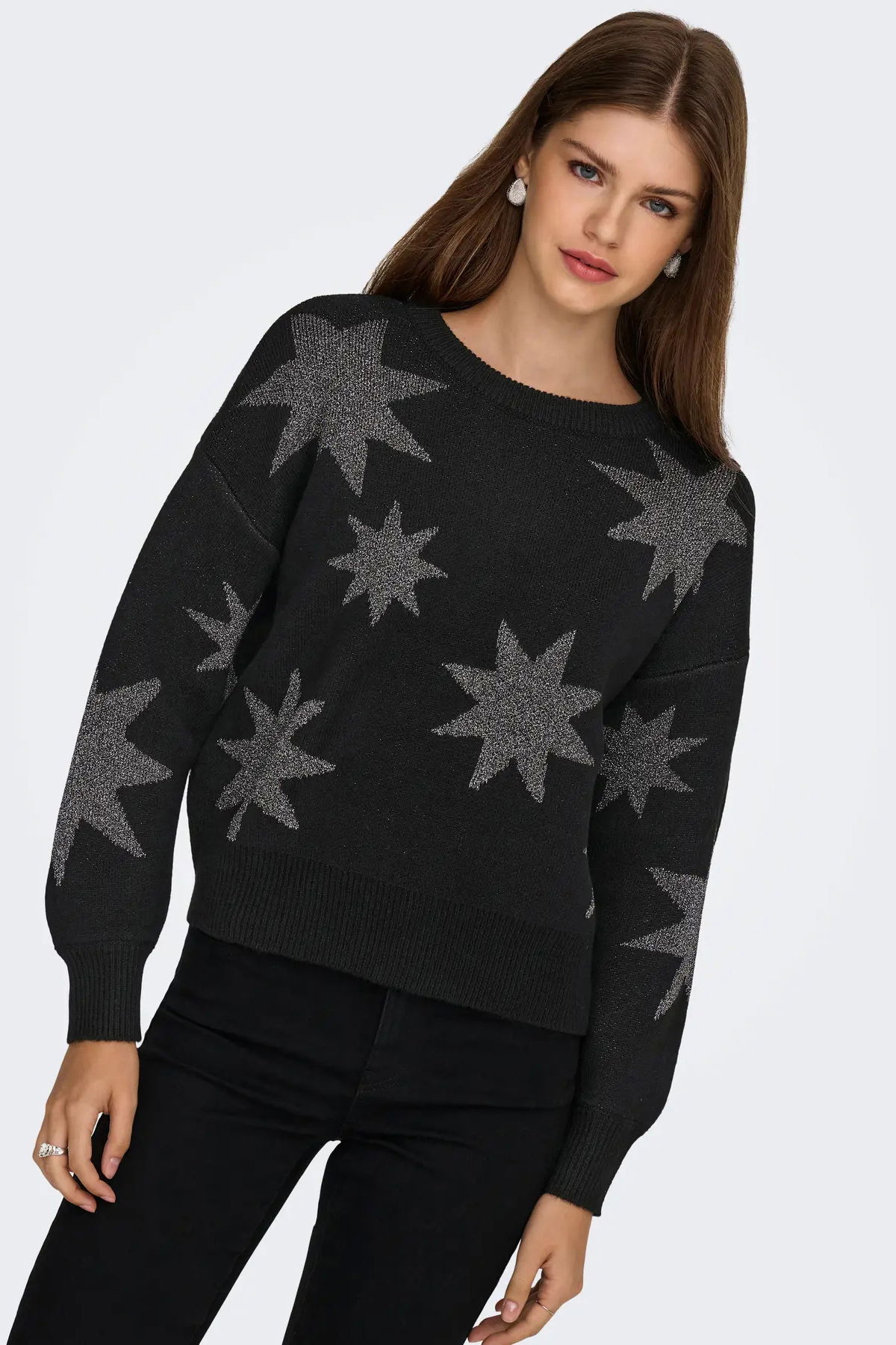 Only Kadın Onlrosıe Yıldız Desenli Bisiklet Yaka Örme Kazak 15328250 Siyah - 2