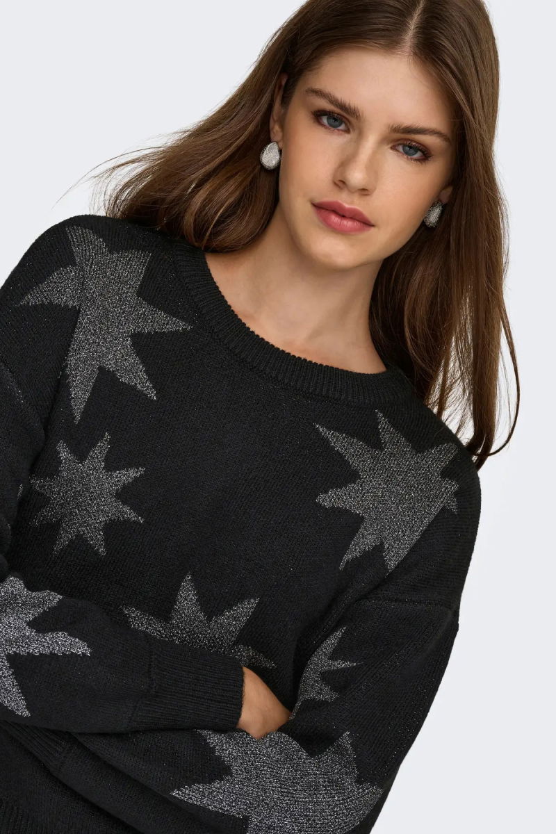 Only Kadın Onlrosıe Yıldız Desenli Bisiklet Yaka Örme Kazak 15328250 Siyah - 3