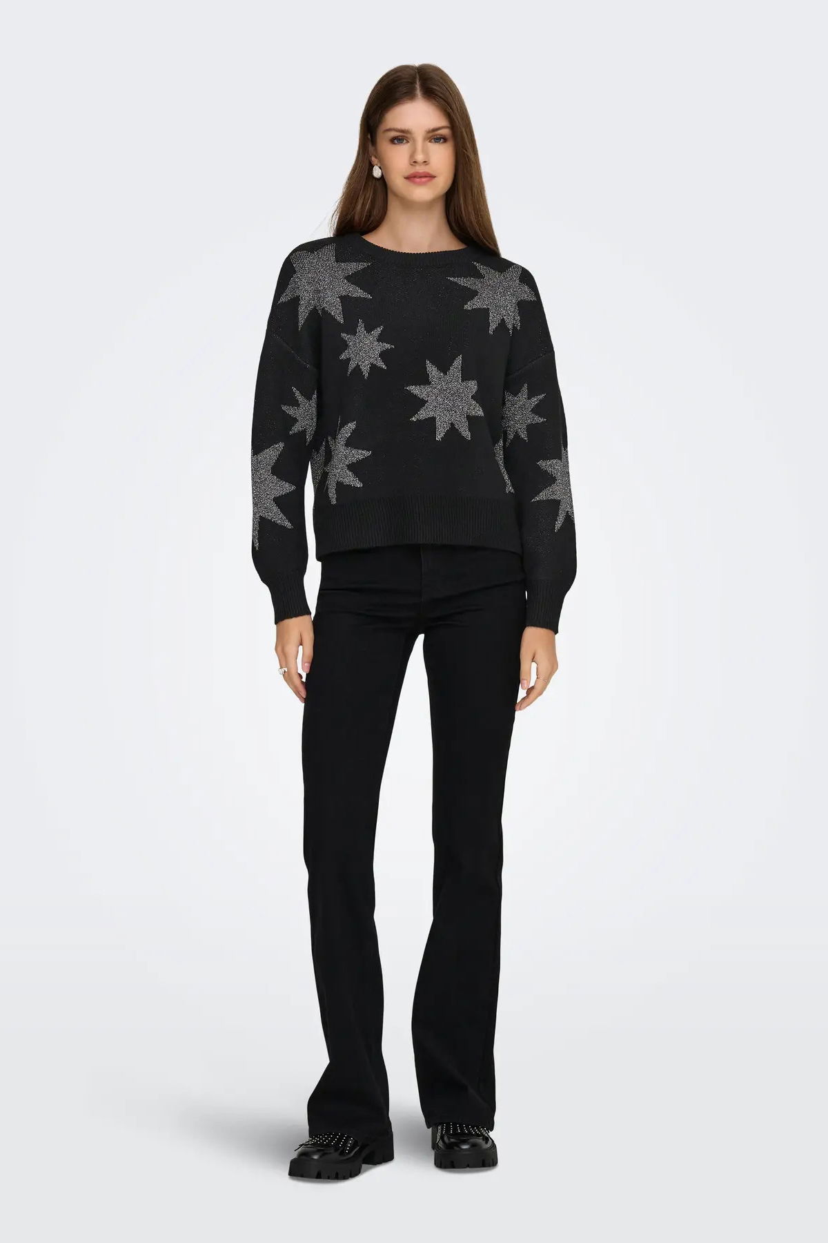 Only Kadın Onlrosıe Yıldız Desenli Bisiklet Yaka Örme Kazak 15328250 Siyah - 4