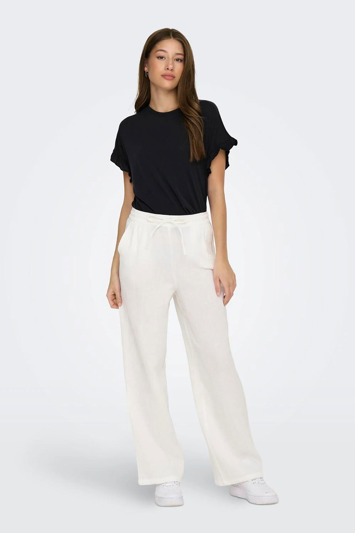 Only Kadın Onlthyra Belden Bağlamalı Rahat Kalıp %100 Pamuk Pantolon 15296375 Beyaz - 2