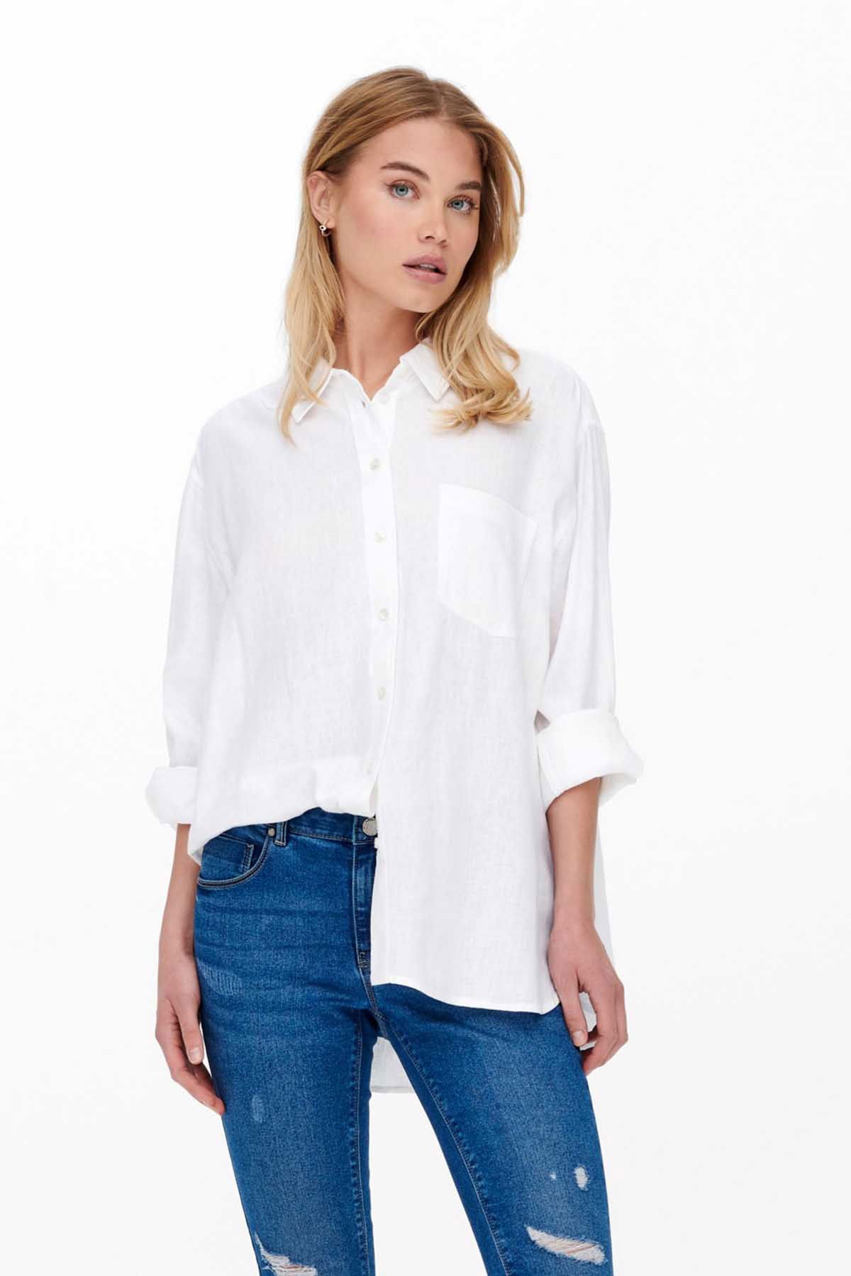 Only Kadın Onltokyo Cep Detaylı Keten Gömlek 15259585 Ekru - 1