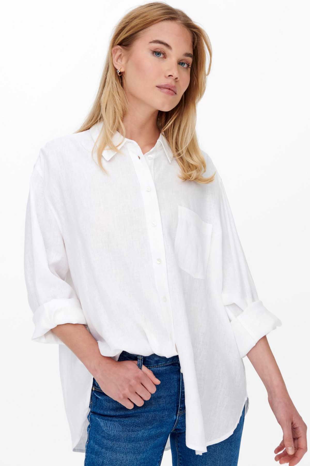 Only Kadın Onltokyo Cep Detaylı Keten Gömlek 15259585 Ekru - 3