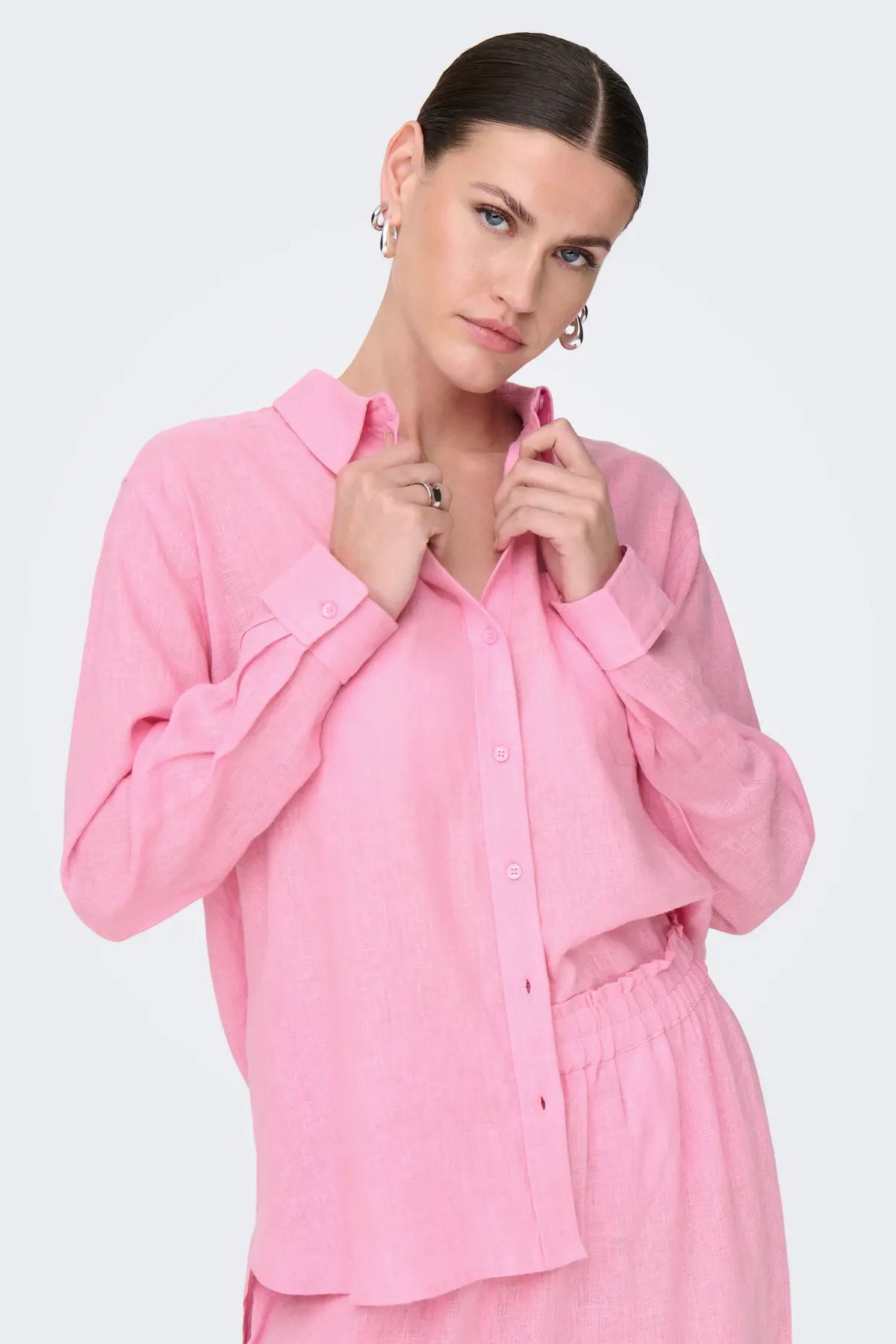 Only Kadın Onltokyo Uzun Kollu Keten Gömlek 15259585 Pembe - 2