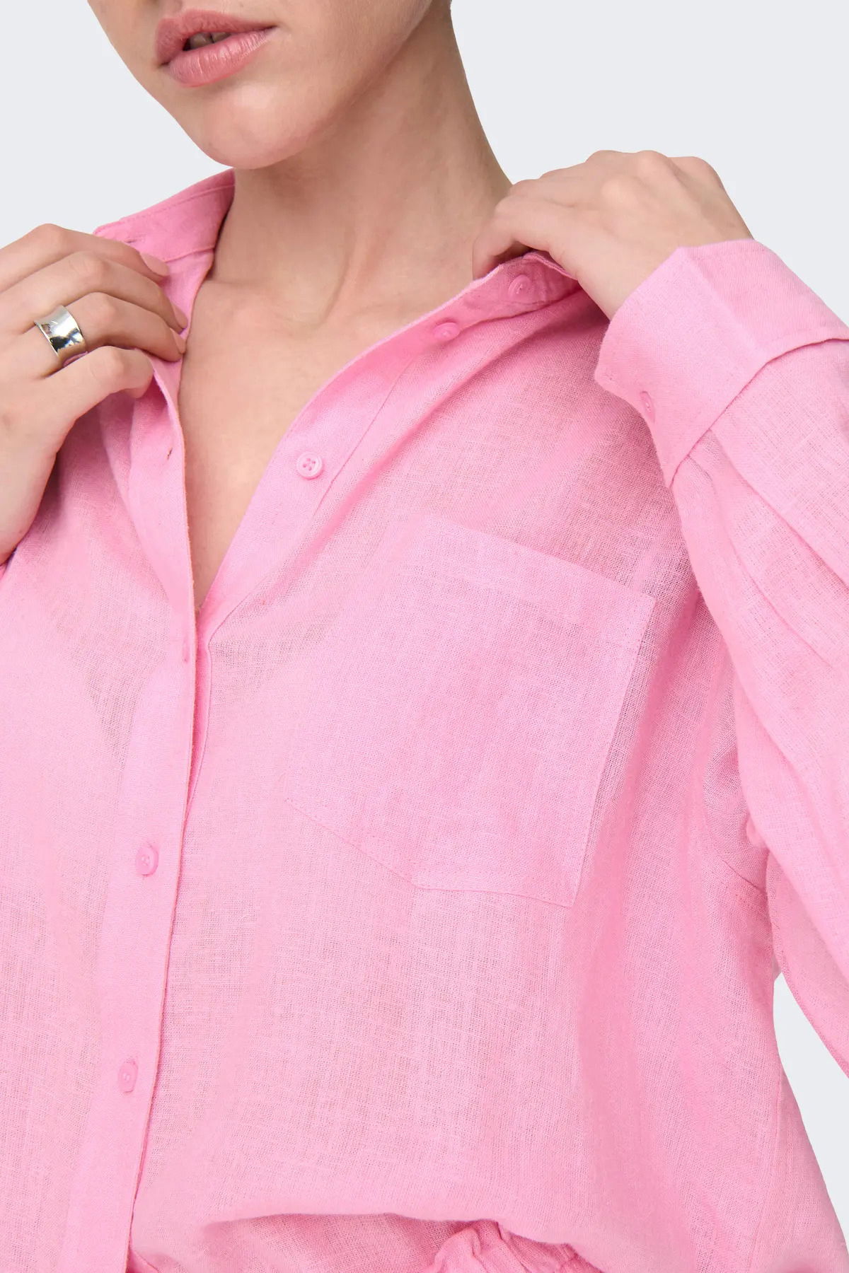 Only Kadın Onltokyo Uzun Kollu Keten Gömlek 15259585 Pembe - 3