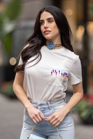 Only Kadın Onltrıbe Cebi Süs Detaylı Kısa Kol %100 Pamuk T-Shirt 15315348 Ekru 
