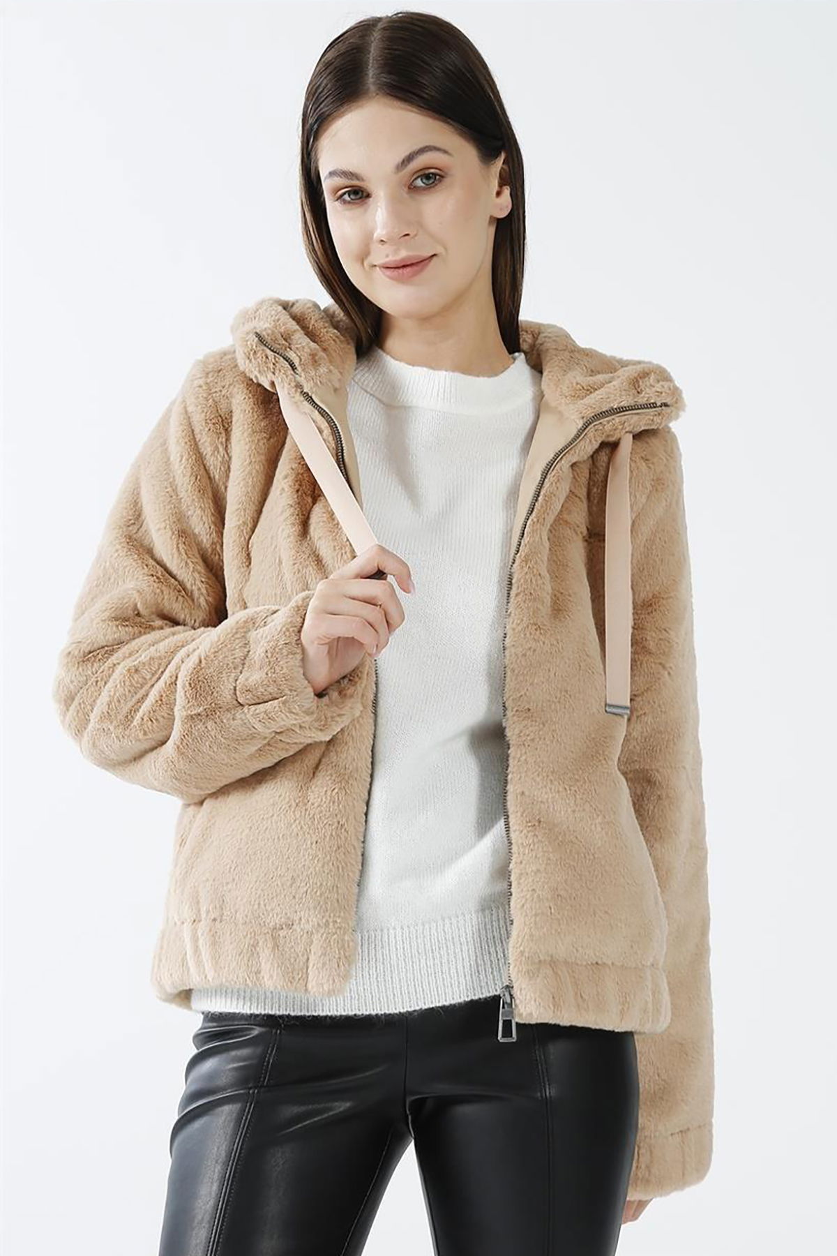 Only Kadın Onlvıda Kapüşonlu Peluş Mont 15260047 Bej - 2