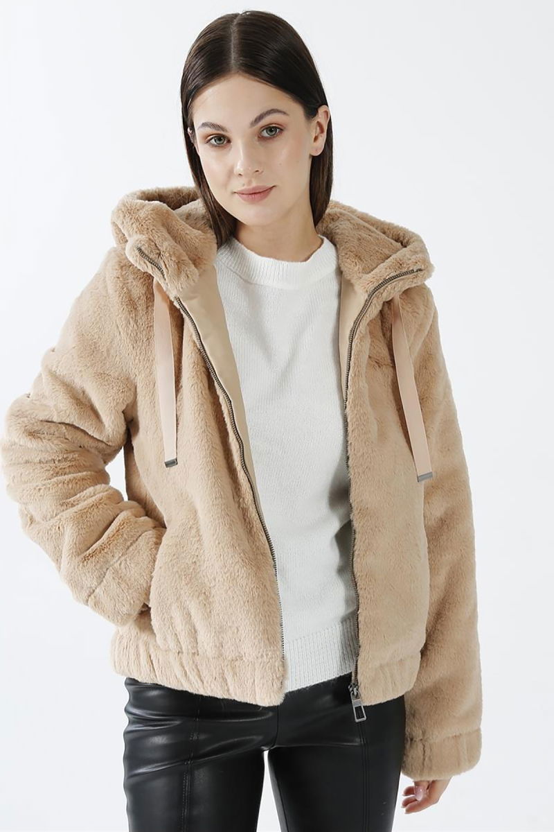 Only Kadın Onlvıda Kapüşonlu Peluş Mont 15260047 Bej - 4