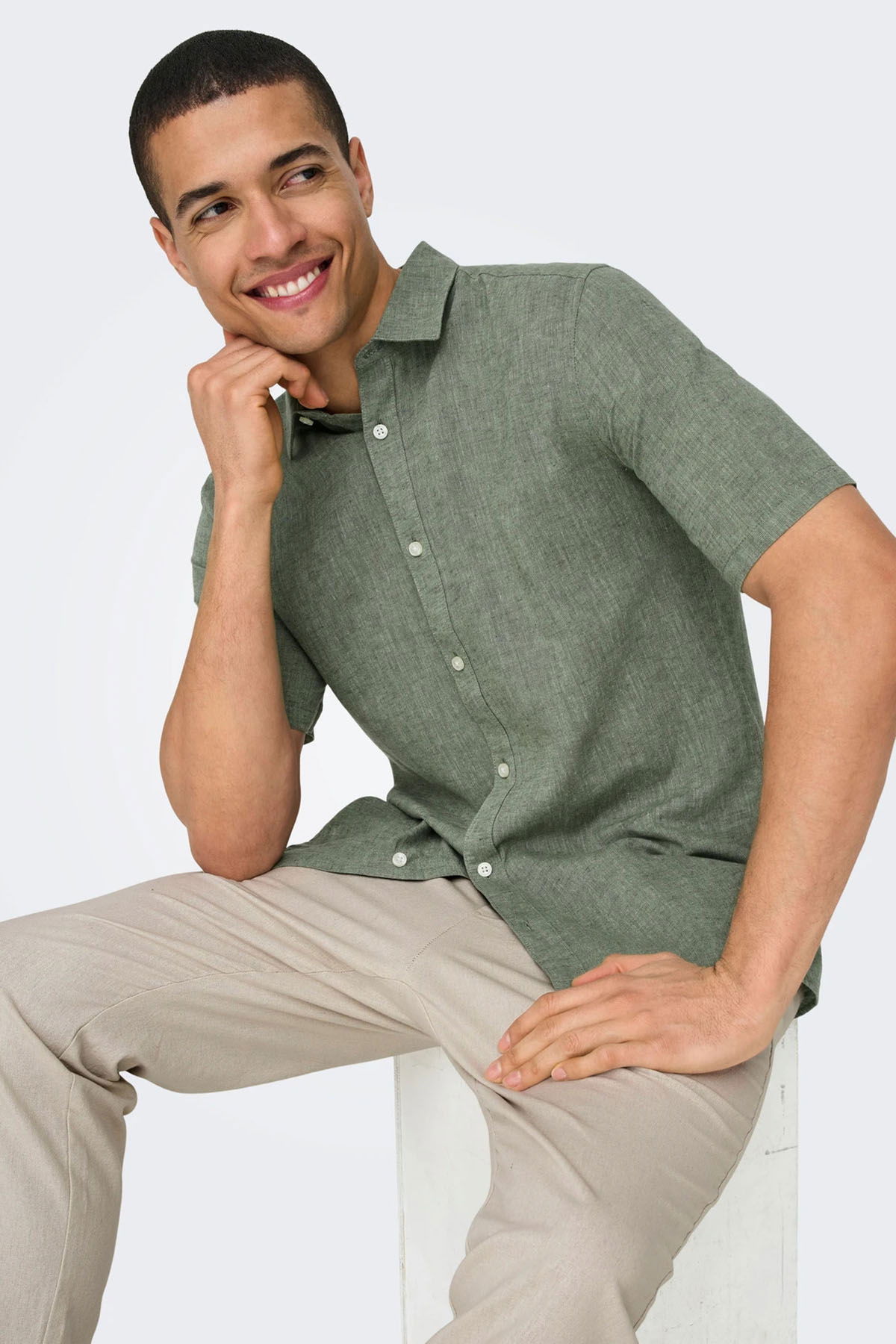 Only & Sons Erkek Onscaıden Slim Fit Kısa Kollu Keten Gömlek 22009885 Haki - 1