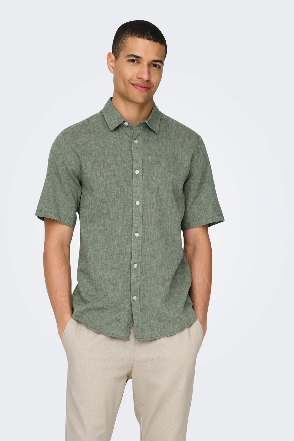 Only & Sons Erkek Onscaıden Slim Fit Kısa Kollu Keten Gömlek 22009885 Haki - 2