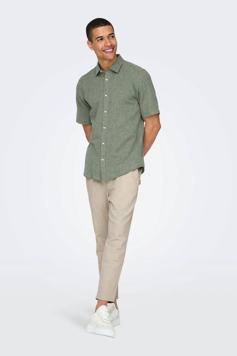 Only & Sons Erkek Onscaıden Slim Fit Kısa Kollu Keten Gömlek 22009885 Haki - 3